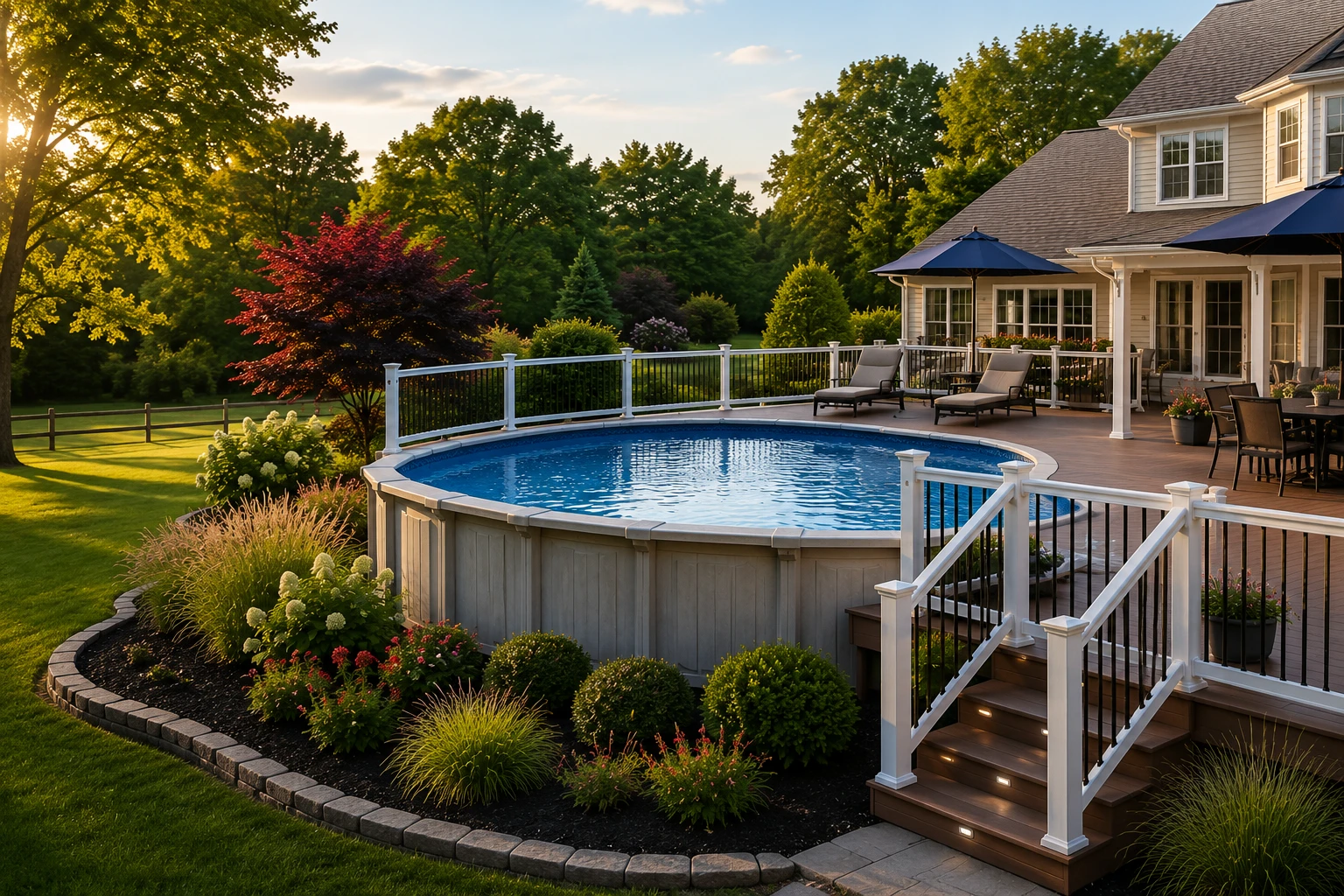 Backyard outdoor living space with pool and deck