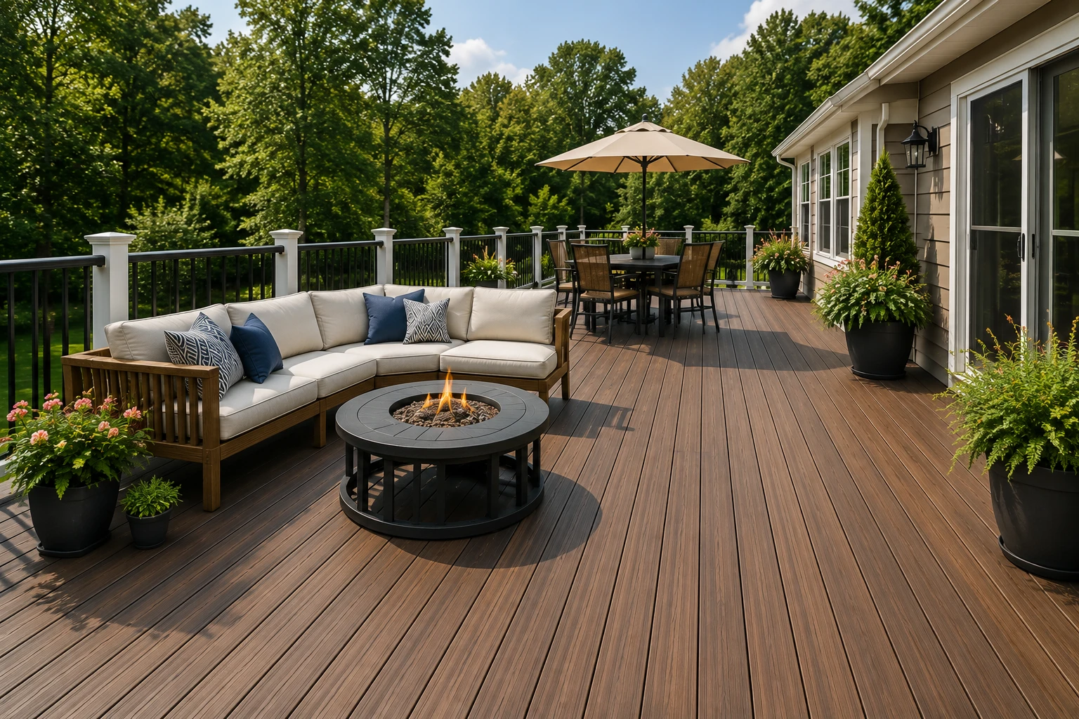 Fiberon composite decking on a finished backyard deck