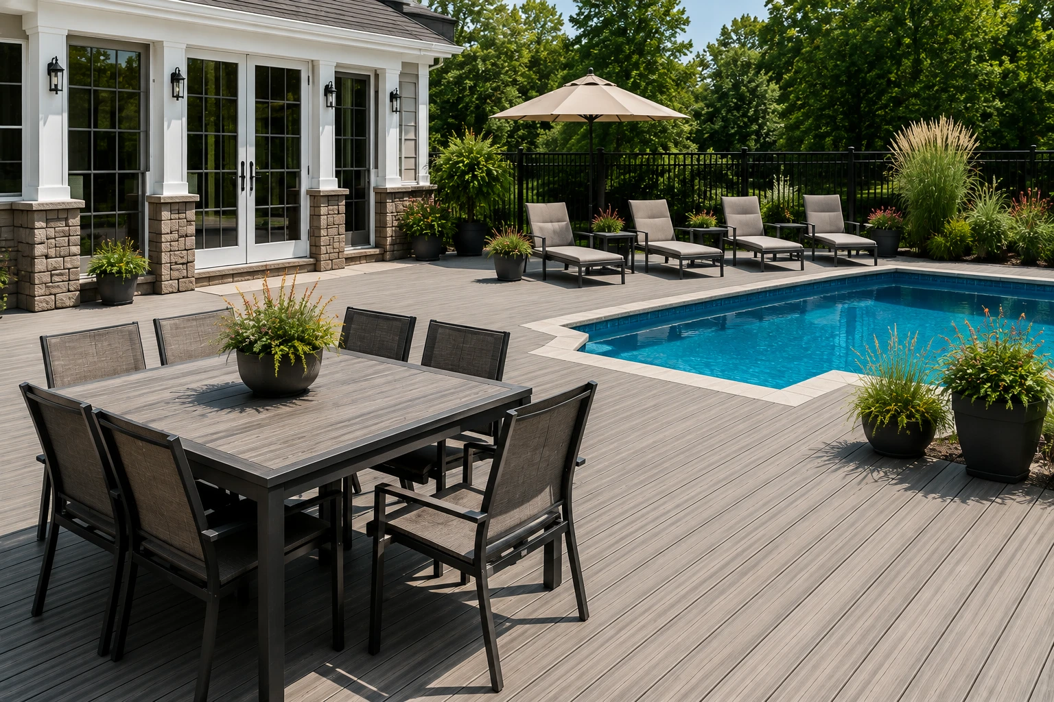 VEKAdeck PVC decking used in a finished outdoor living space