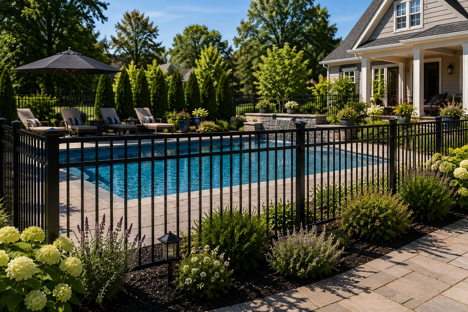 Black aluminum fencing surrounding a landscaped residential swimming pool