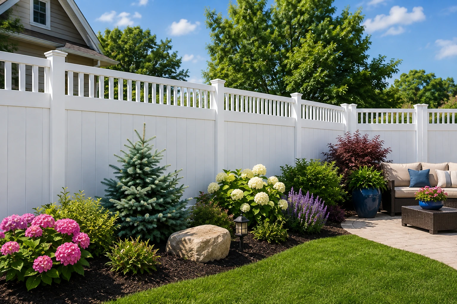 Low-maintenance vinyl privacy fencing surrounding a landscaped residential backyard