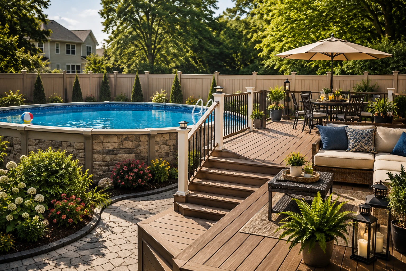 Backyard with swimming pool, deck, fencing and outdoor living area