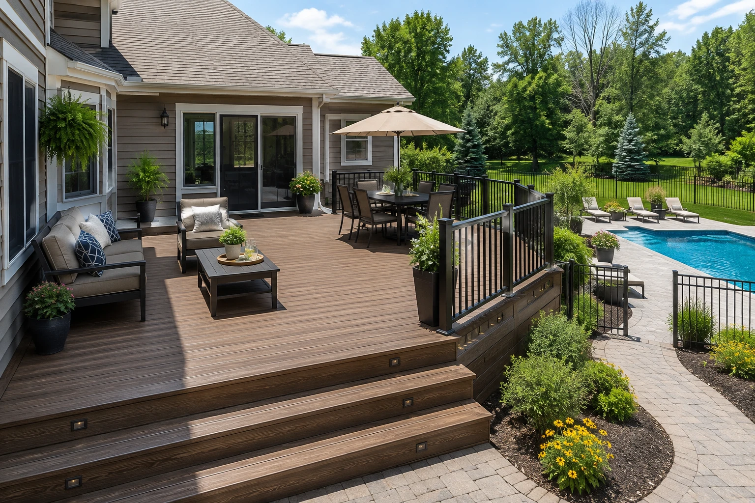 Finished backyard deck creating an inviting outdoor living space