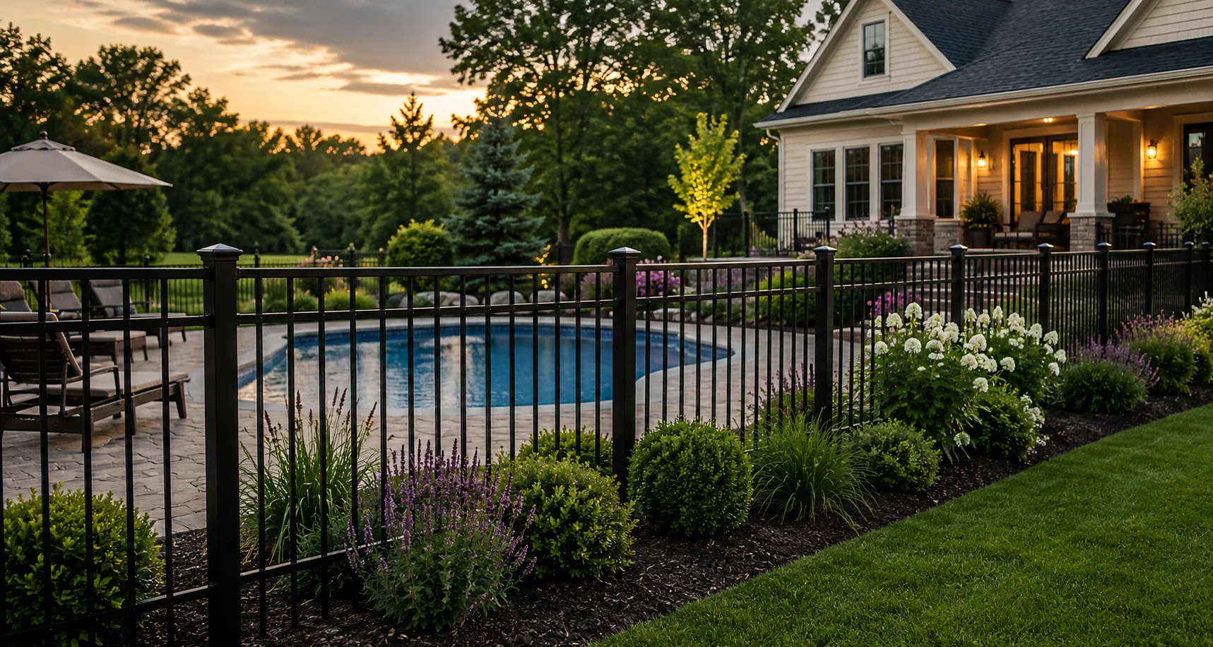 Attractive aluminum fencing surrounding a landscaped backyard and swimming pool