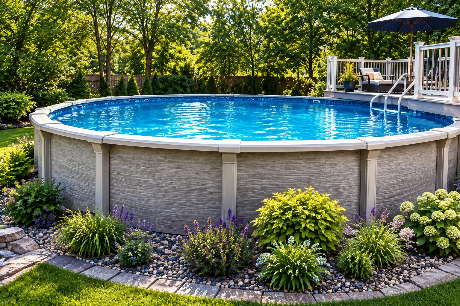 Above-ground swimming pool in a landscaped backyard