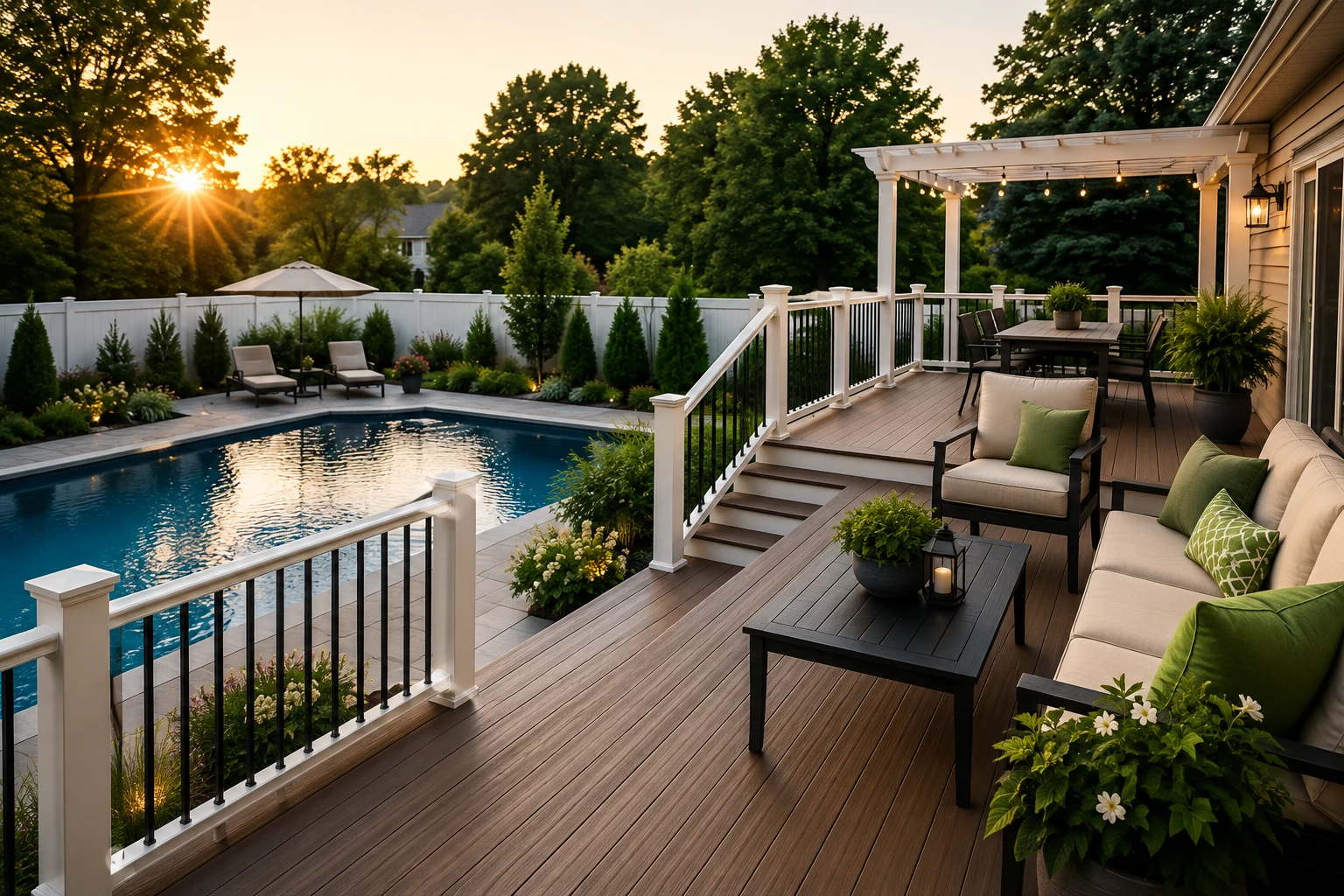 Finished backyard outdoor living project with deck, railing and landscaping
