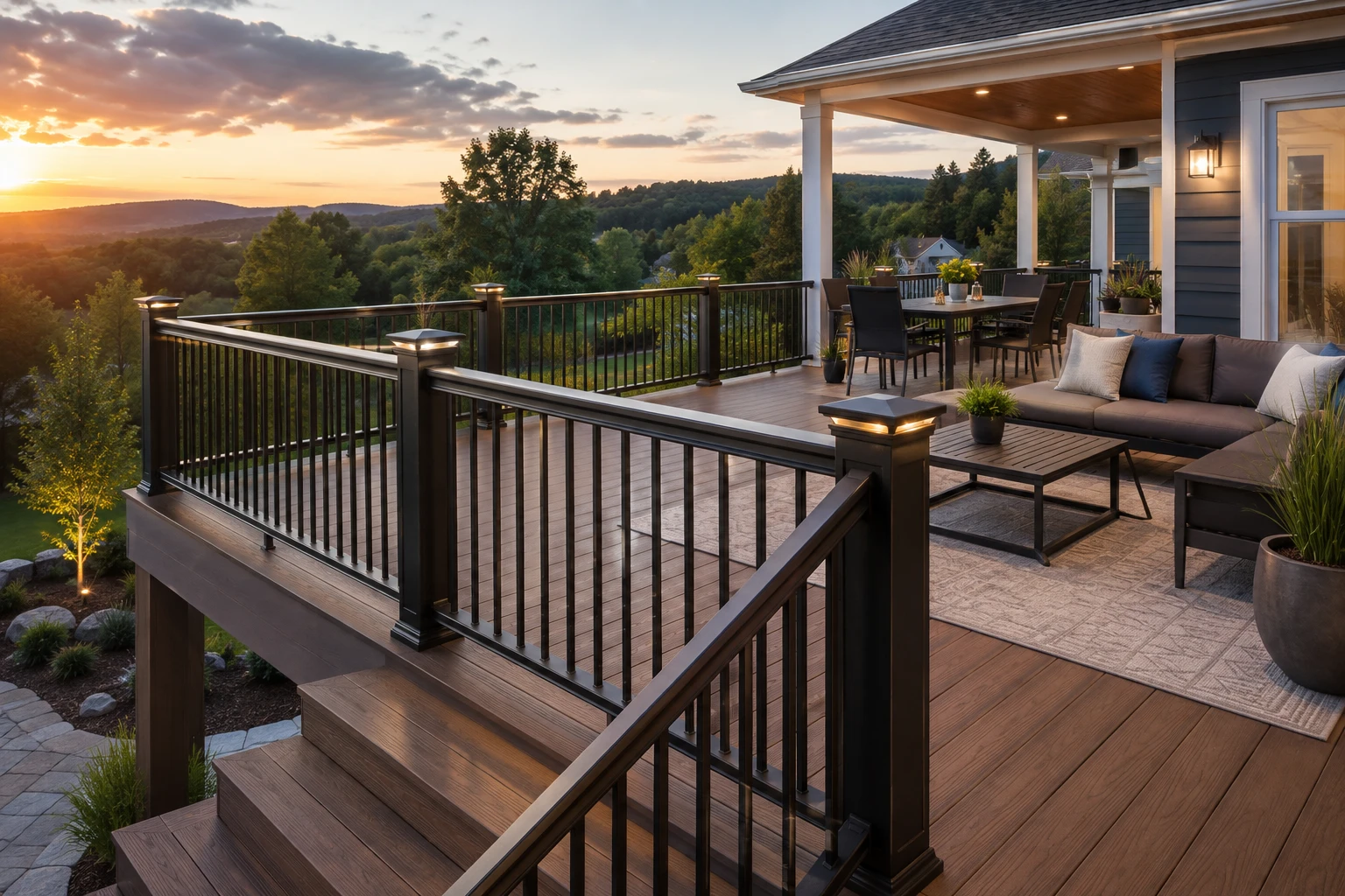 Modern railing surrounding a finished outdoor deck
