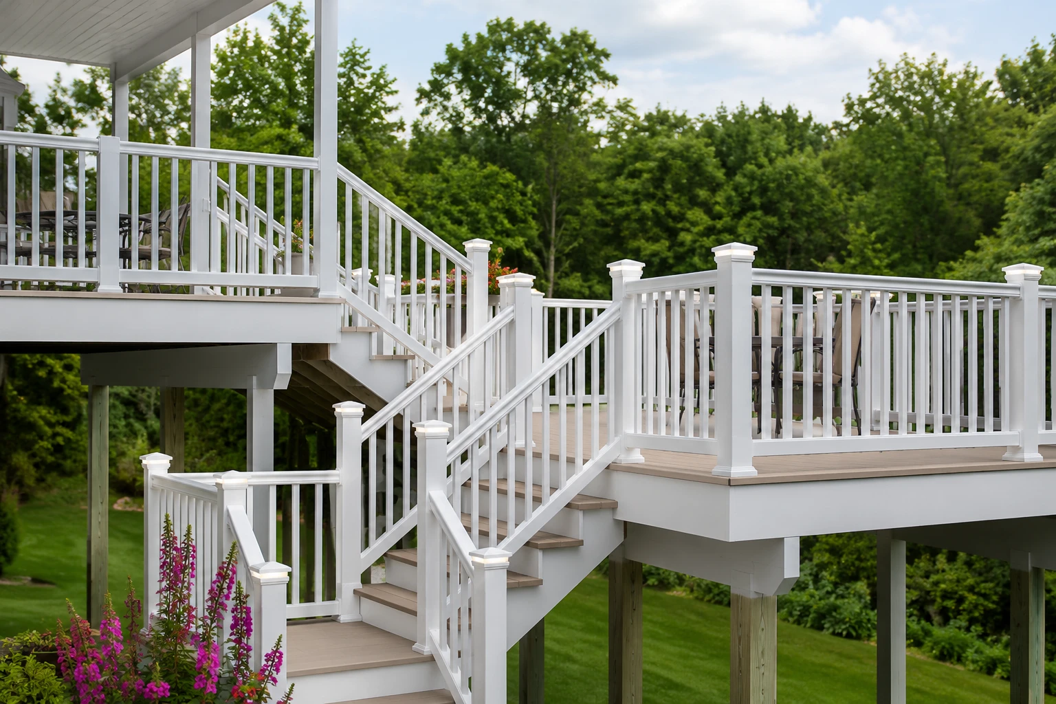Finished backyard deck with outdoor furniture