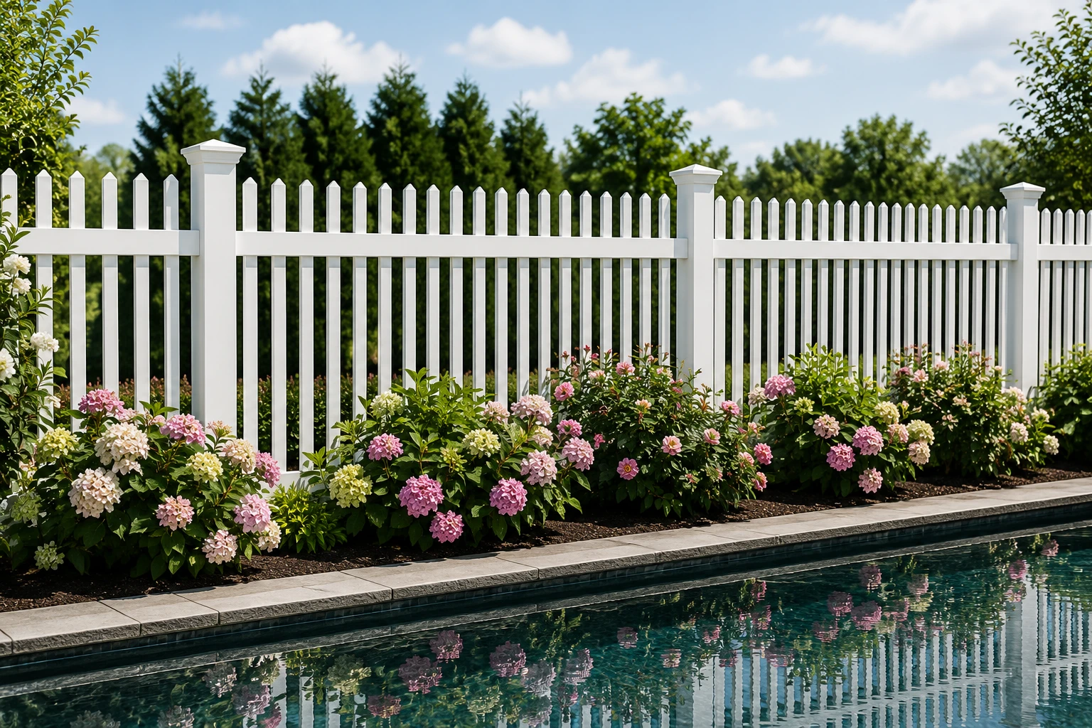 Residential privacy fencing surrounding a landscaped backyard