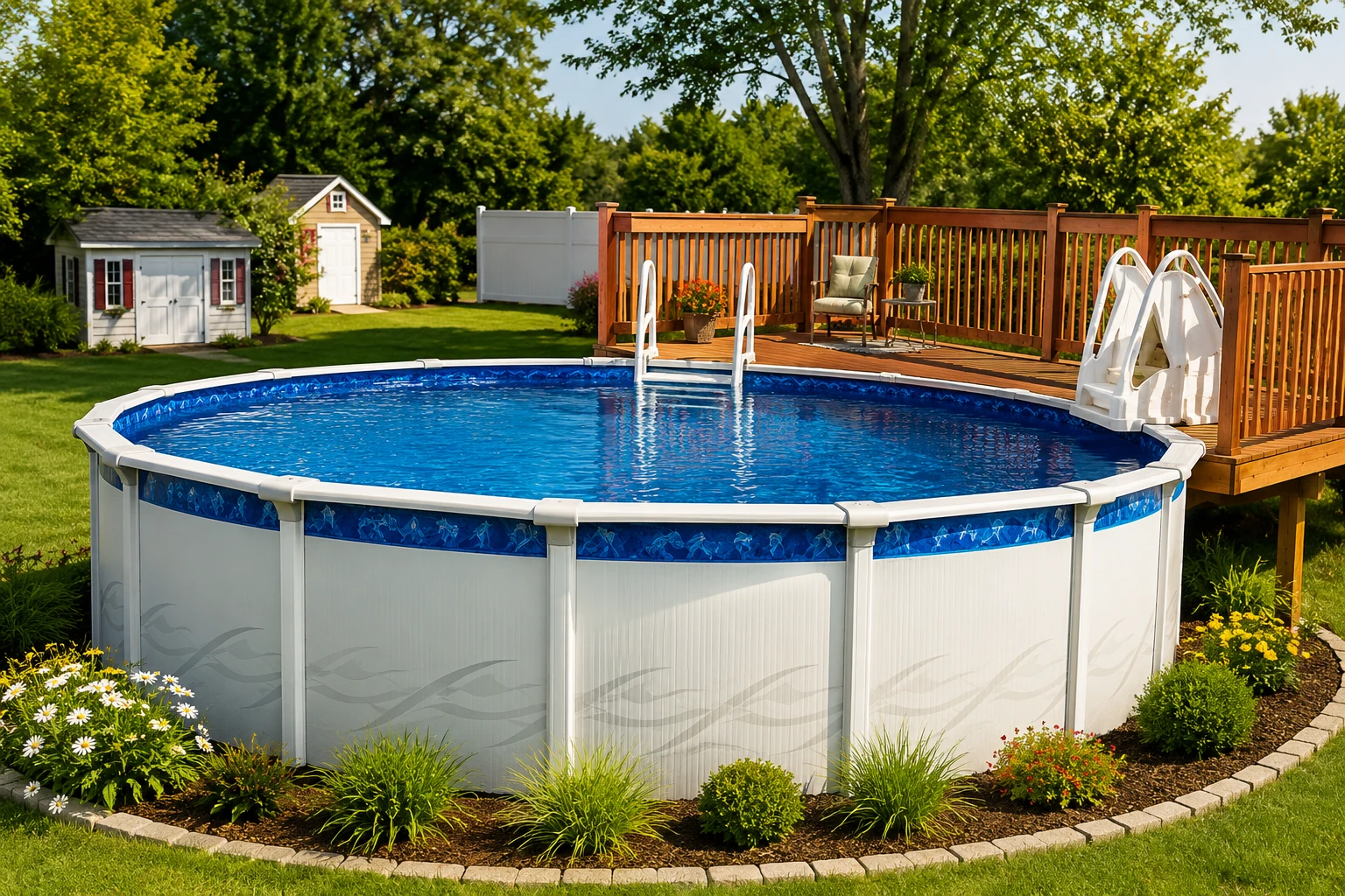 Backyard swimming pool with deck and landscaping