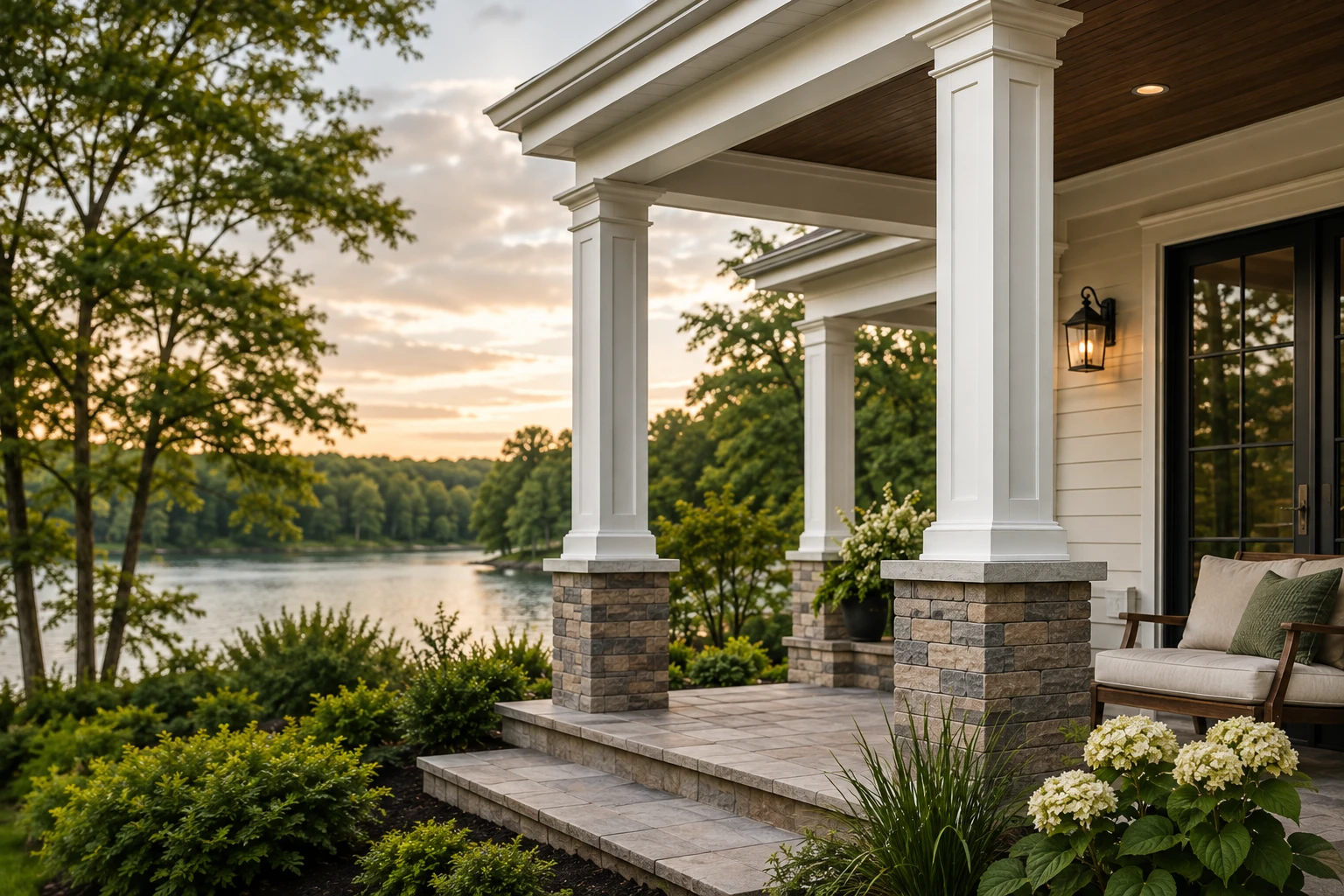 Covered residential porch with decorative white posts and columns