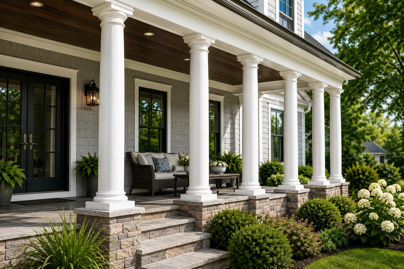 White structural porch columns on a traditional home