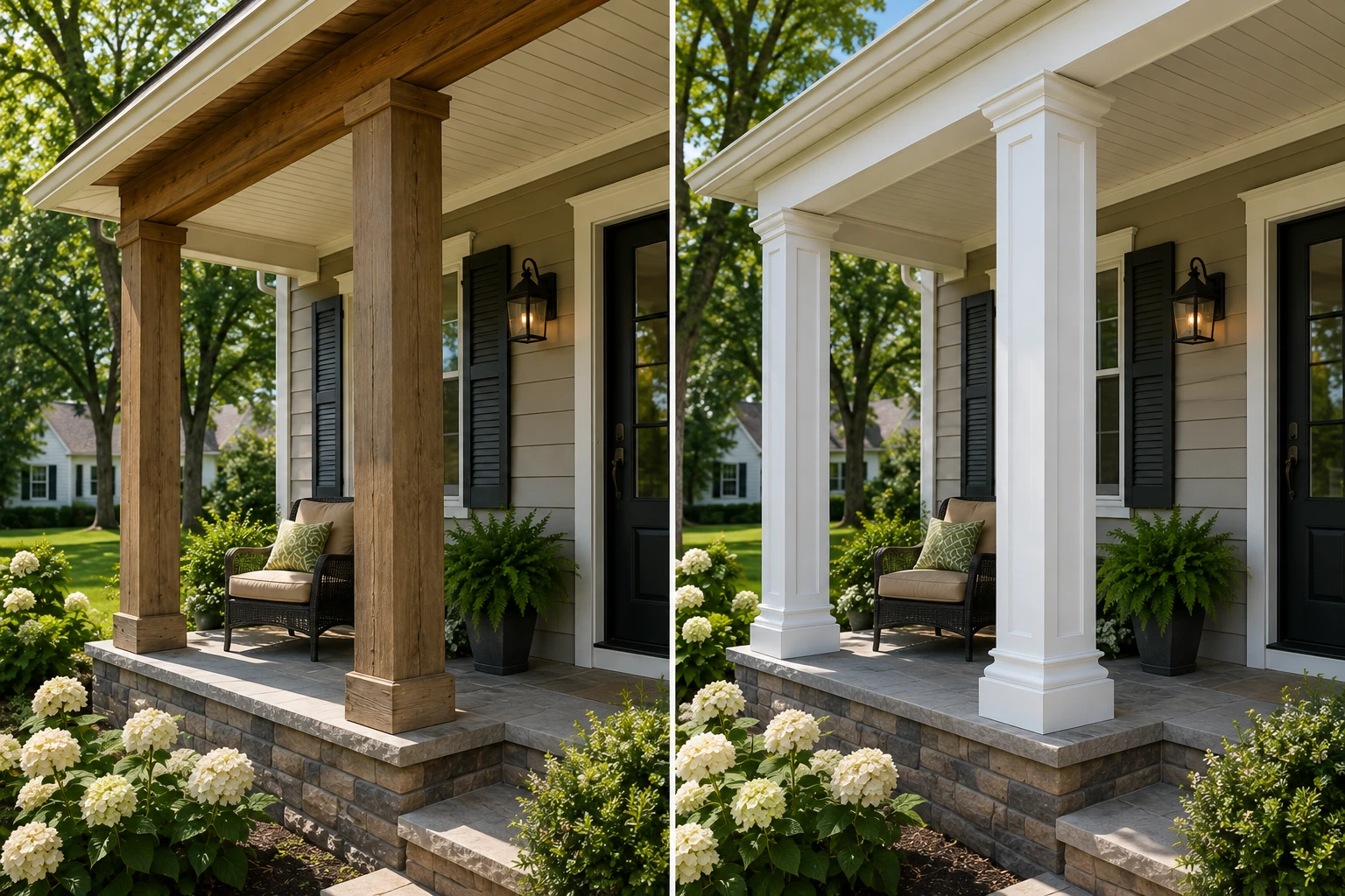 Existing wood porch support finished with white vinyl cladding