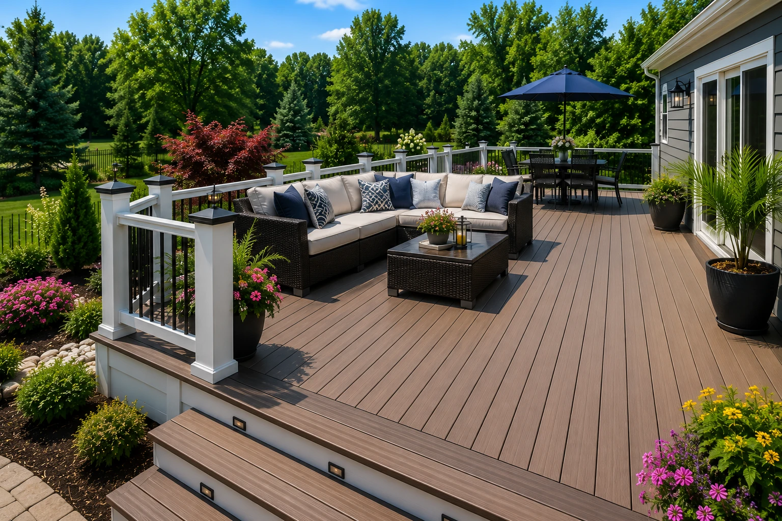 Composite backyard deck with outdoor seating and landscaping