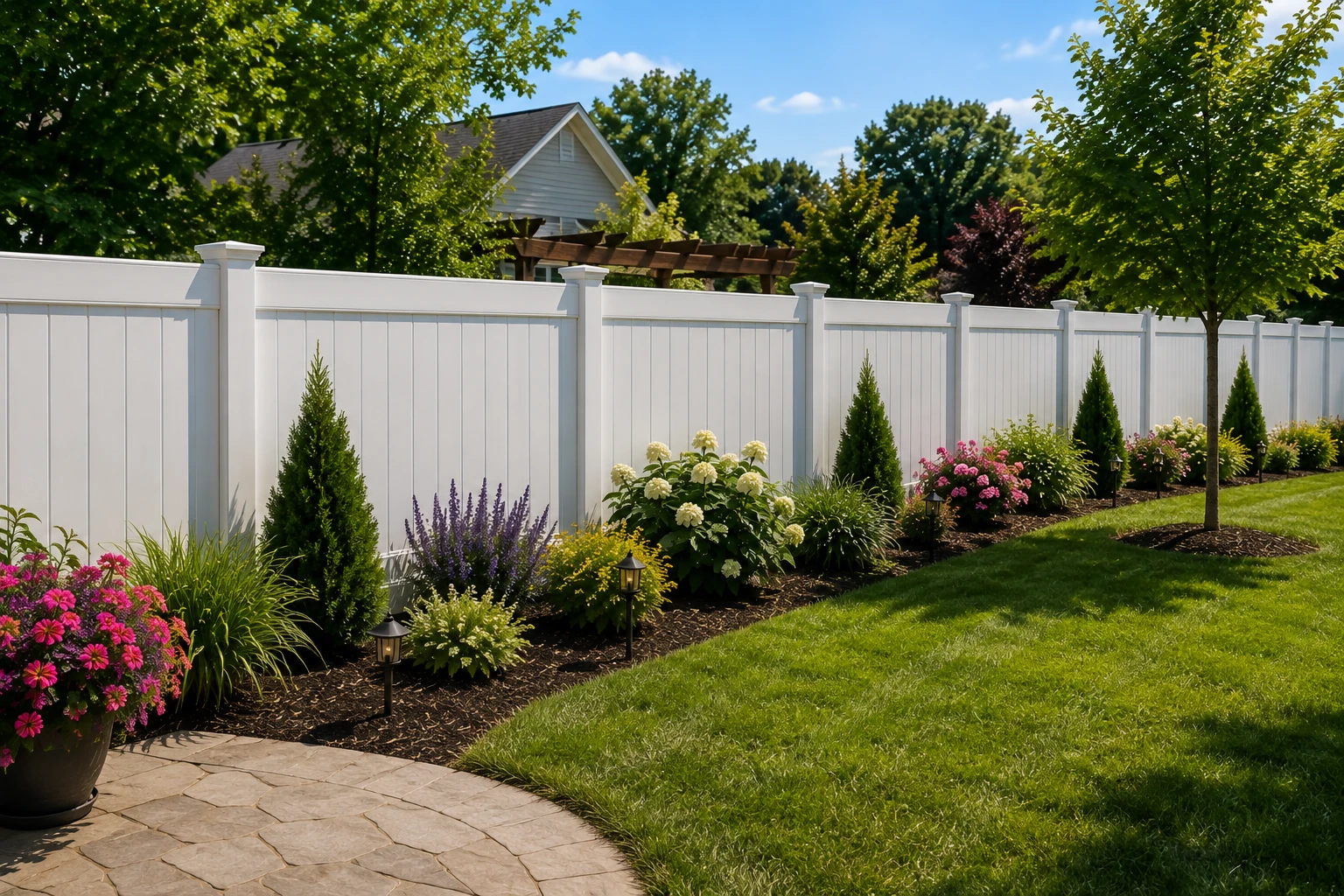 Residential vinyl fence surrounding a landscaped backyard