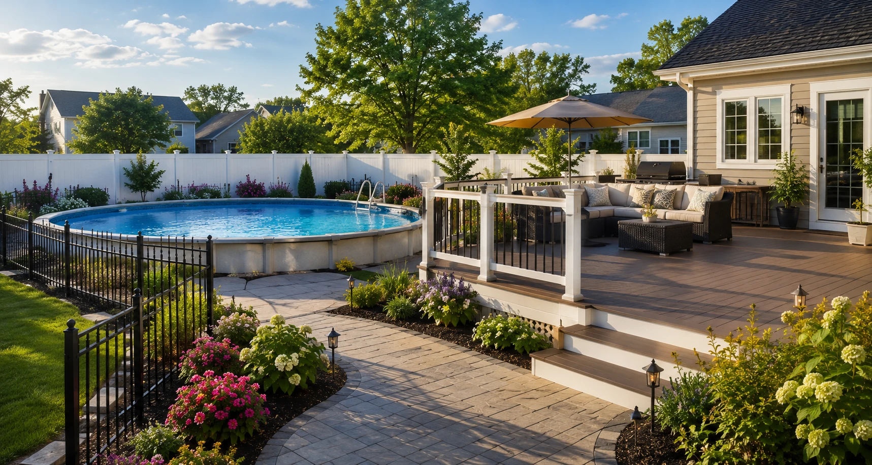 Finished backyard with pool, deck, fencing and outdoor living features