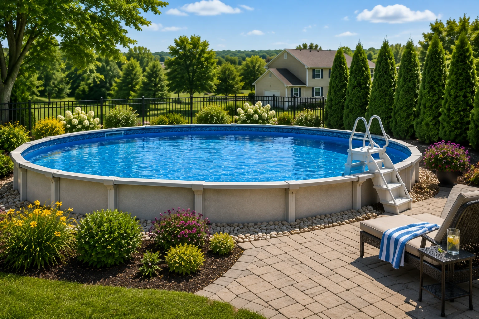 Above-ground swimming pool surrounded by a finished backyard landscape