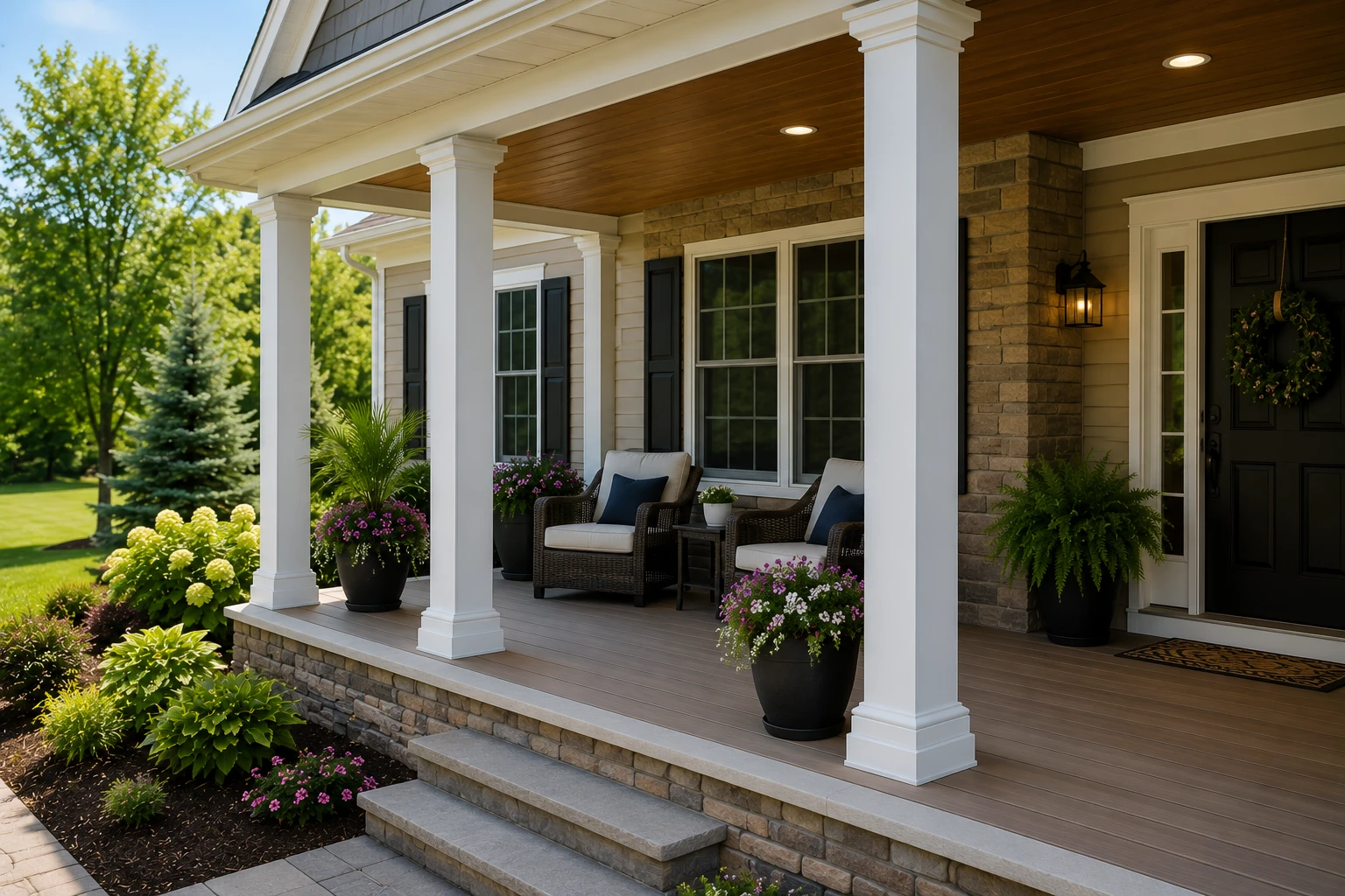 Covered residential porch with decorative white columns